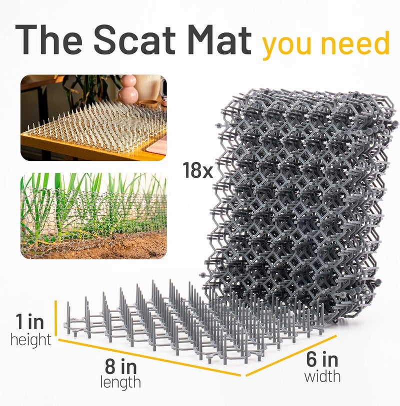 Petfolio 18 Pack Scat Mat for Cats - 8 x 6 Inch Cat Deterrent Mat with 1 Inch Spikes is A Great Cat Repellent Indoor & Outdoor to Keep Cats Away. Includes 6 Garden Staples & 10 Zip Ties (Grey) - Image 2